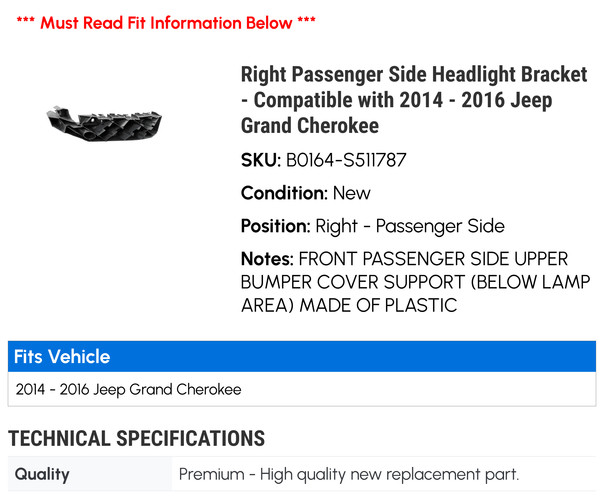 Front Passenger Side Headlight & Bumper Bracket Set For Jeep Grand Cherokee 2016-2022