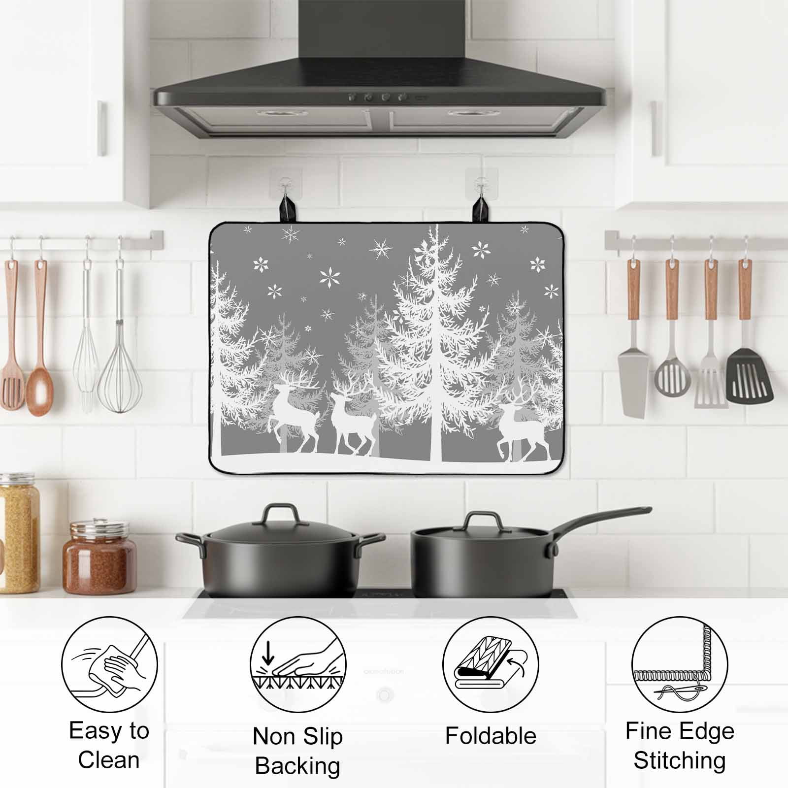 Grey Christmas Stove Top Cover for Electric Stove, Heat-proof & Non Slip Glass Top Stove Cover Protector, Xmas Tree Snowflake Elk Kitchen Flat Cooktop Rubber Mat 24x21 Inches