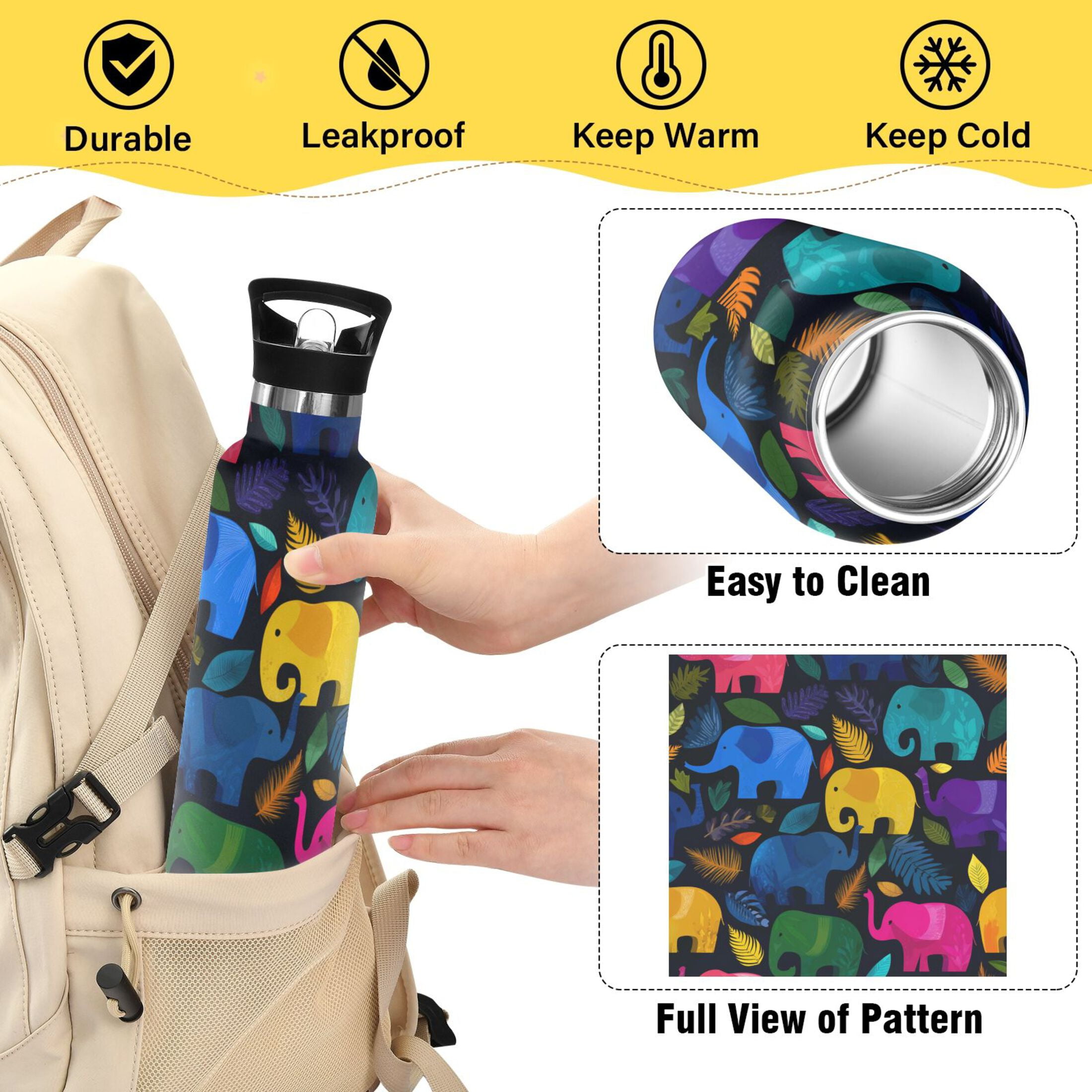 600ML Stainless Steel Insulated Cup Sports Water Bottle Portable Thermos Cup Water Glasses Insulated Tumblers Convenient and Durable Cute Colorful Elephant