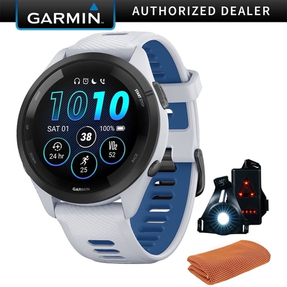 Garmin 010-02810-01 Forerunner 265 GPS Smartwatch, Whitestone/Tidal Blue Bundle with Sport Towel Deco Essentials Wearable Commuter Front & Rear Safety Light| Official Garmin USA Dealer