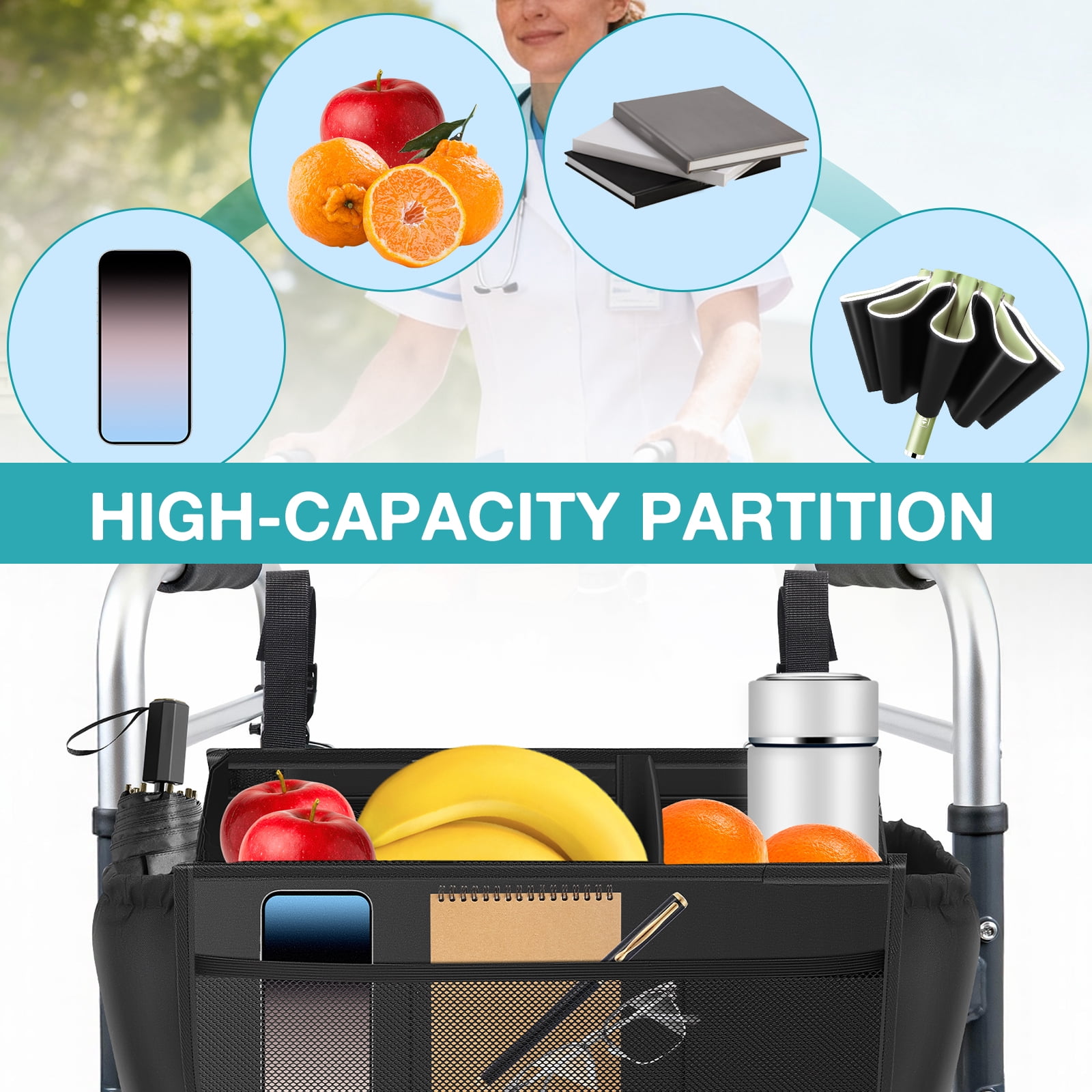 Upgrade Walker Basket with Cup Holder Foldable Walker Storage Bag for Seniors with Big Capacity & Never Tipping Over