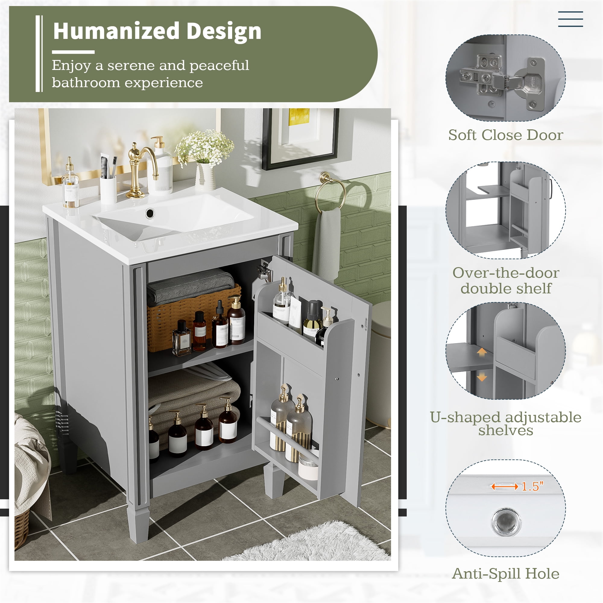 Euroco 20" Gray Bathroom Vanity with Ceramic Sink, Soft Close Door, Adjustable U-Shaped Shelf, Door Storage Rack, Modern Freestanding Cabinet for Small Bathrooms
