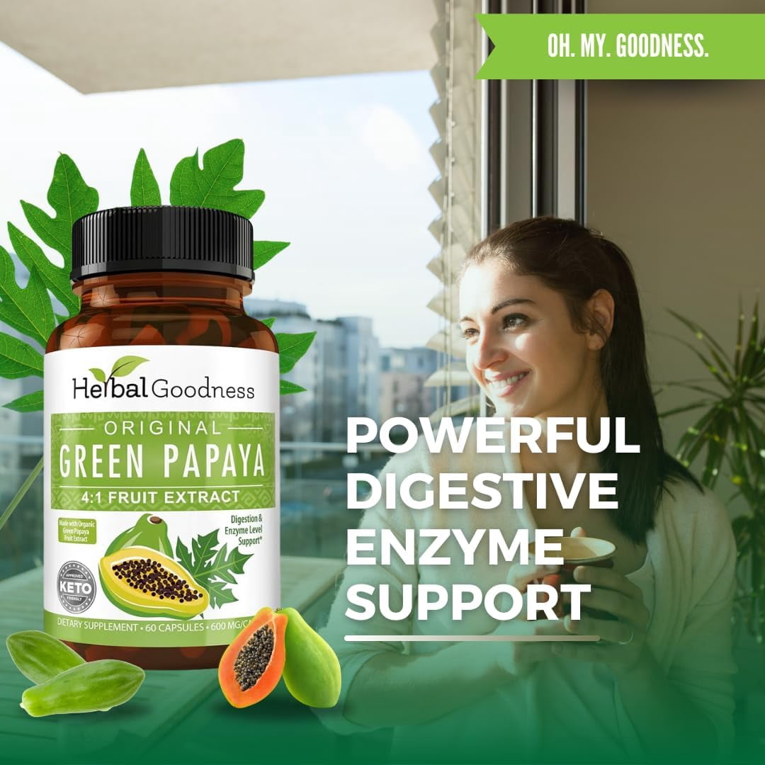 Green Papaya Fruit Extract Capsules – Digestive Enzyme, Gut Health, Natural Adults Cleanse - 60/600mg, Herbal Goodness