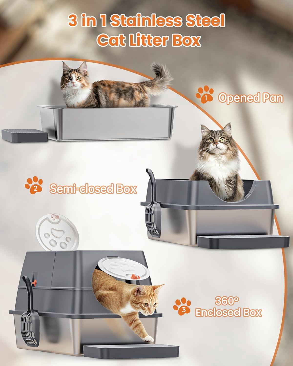 PetWhole Extra Large Stainless Steel Enclosed Cat Litter Box with Pedal, Scoop, Stickers, and Carbon Bag, Gray