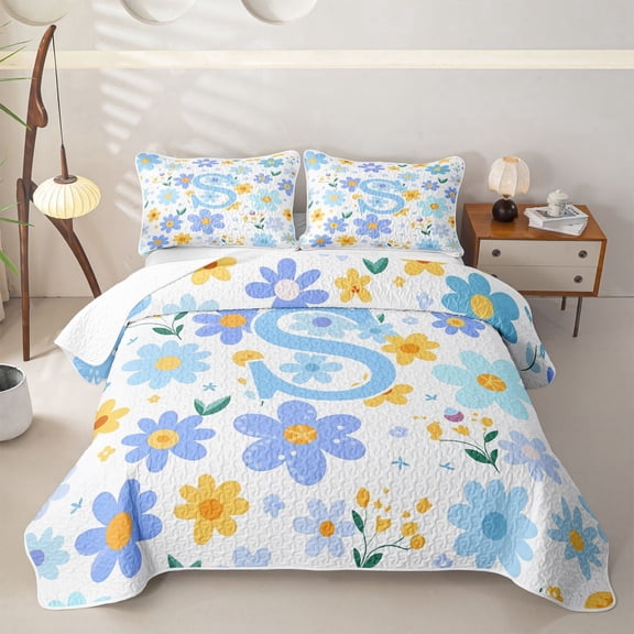 Meiyoeat Delicate Wildflower Letter S Twin Quilt Set for Girls,Cute Art Twin Coverlet Set for Bedroom,Light Blue Yellow White