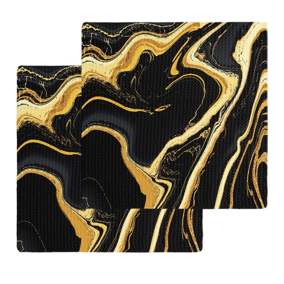 Black Gold Marble Dish Towels Set, Waffle Weave Kitchen Towels 2 Pieces, Modern Geometric Textured Microfiber Hair Face Bath Tea Towel Absorbent Quick Drying Cleaning Dish Cloths, 12"x12"