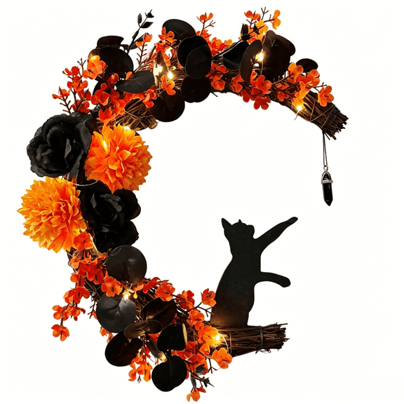 Halloween Wreath for Front Door with Lights, 14 Inch Black Cat Crescent Moon Wreath, Spooky Halloween Decoration with Orange Marigolds and Black Roses, Perfect for Home and Halloween Party Decor