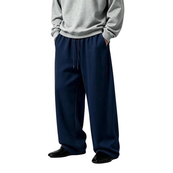 TKKCS Mens Wide Leg Sweatpants- Elastic Drawstring Waist Casual Lounge Soft Knit Loose Fit Straight Pants with Pockets Navy Size XL
