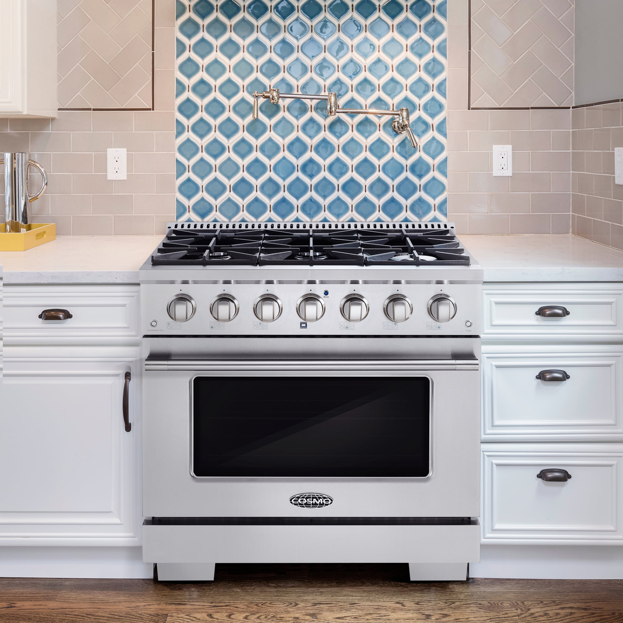 Cosmo 2 Piece Kitchen Appliance Package with 36" Freestanding Gas Range Kitchen Stove & 36" Wall Mount Range Hood Kitchen Hood Kitchen Appliance Bundles