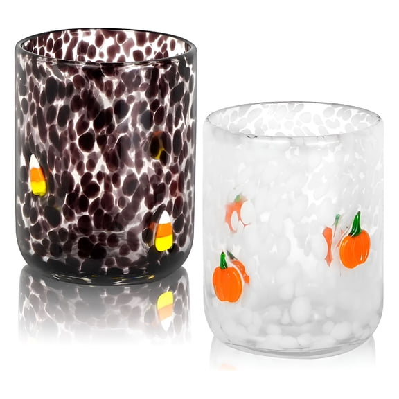 ACDANC 2026 New Halloween Icon Juice Glasses 14 Oz Double Old Fashioned Icon Handblown Stemless Wine Glasses Cute Ghost Glass Drinking Cups for Halloween Fall Party Supplies (Pumpkin&Candy Corn)