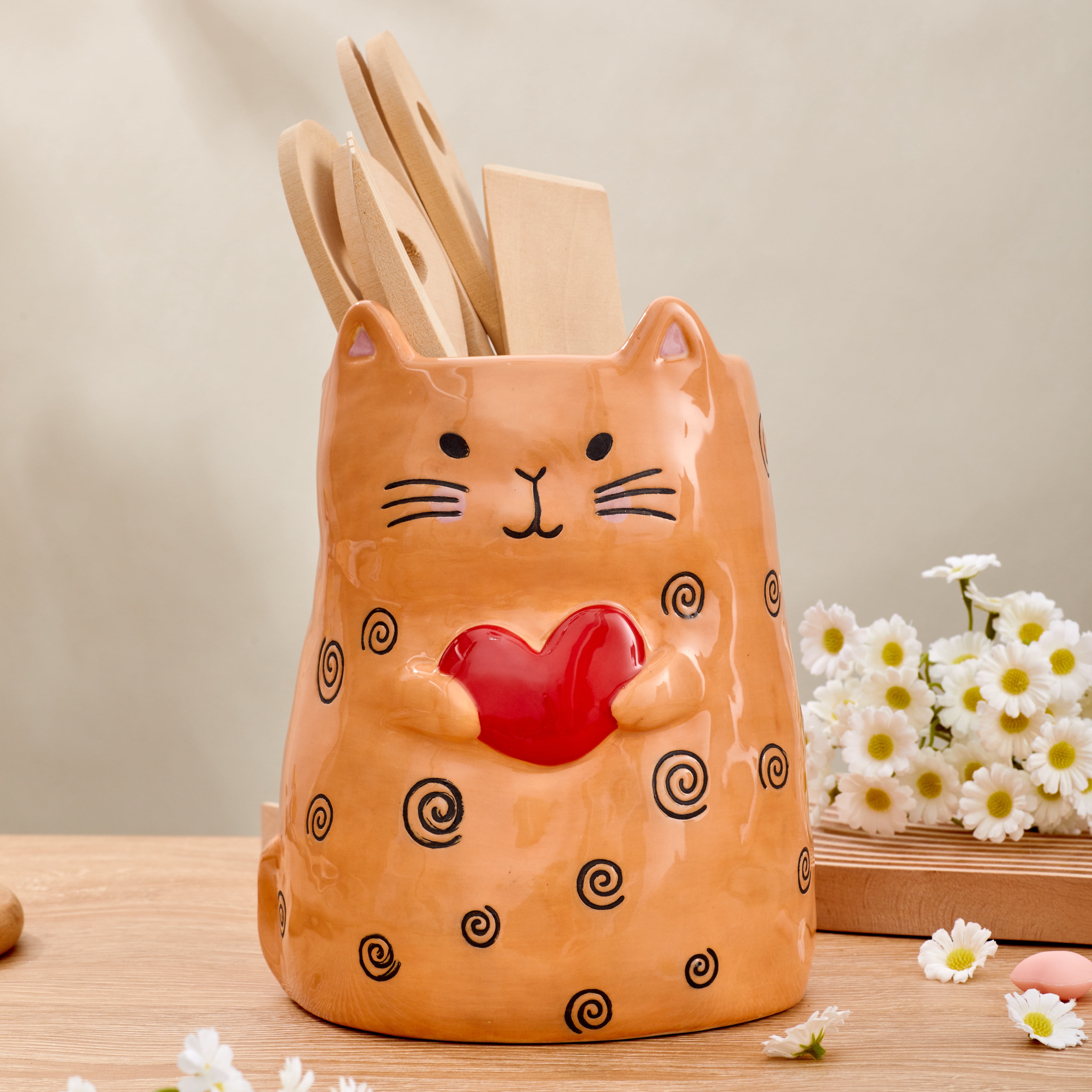 Bico Cartoon Cat Handpainted Stoneware Orange 7.9 inch Utensil Holder, Dishwasher Safe