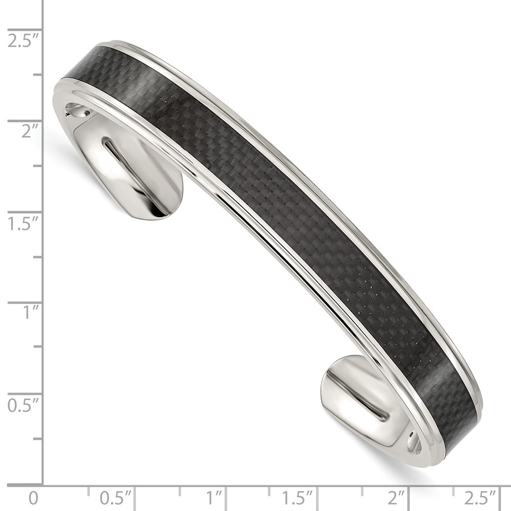 Diamond2Deal Stainless Steel Polished with Black Carbon Fiber Inlay Cuff Bangle Bracelet for Men 7.5"