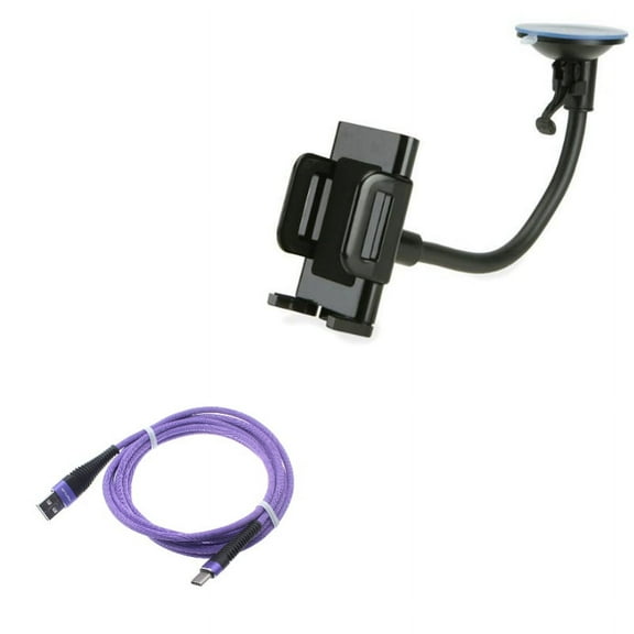 Holder Windshield Car Mount w USB-C to TYPE-C Purple 10ft USB Cable G2K for Acer Liquid Jade Primo - Alcatel PulseMix, 7, Idol 5S 5 4S, 3V (2019) - ASUS Zenfone V Live, ROG Phone 2, AR 6 5z 4