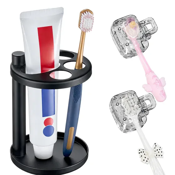 Rustproof Toothbrush & Toothpaste Holder, Freestanding Bathroom Counter Organizer, Hollow Storage Stand With 2 Travel Toothbrush Clips