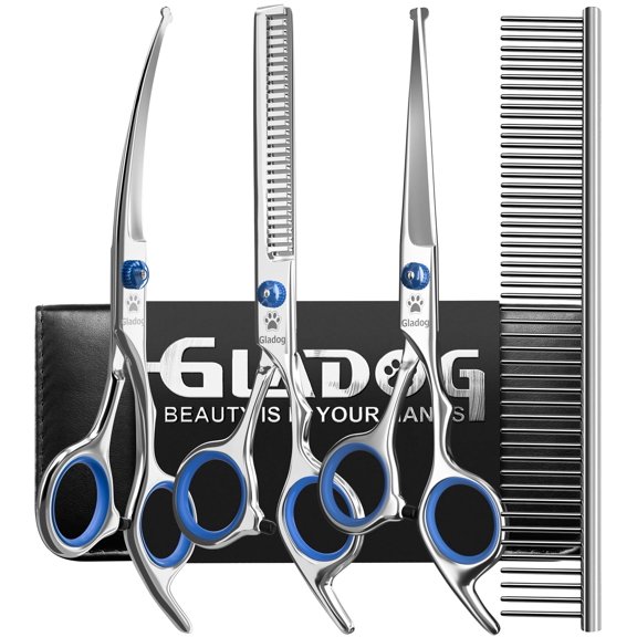GLADOG Professional 5 in 1 Dog ATT1Grooming Scissors Set with Safety Round Tips, Sharp and Heavy-duty Pet Grooming Shears for Cats