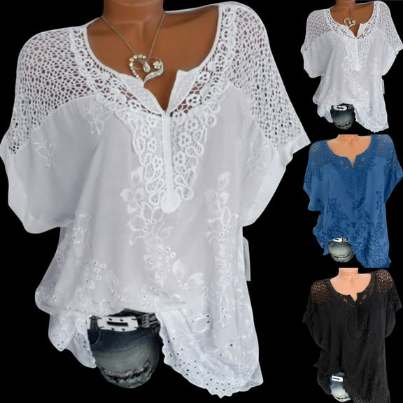 QHWAUAKFBN T Shirts For Women Loose Fit Lace Hollow Lace V-Neck Embroidered Short-Sleeved Ba Tshirts Top