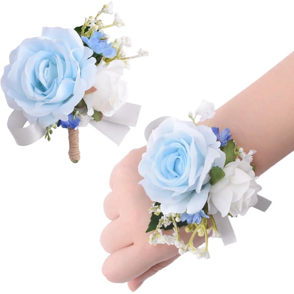Wrist Flower and Boutonniere Set, 2Pcs Light Blue Rose Wedding Corsage Artificial Flower Bracelet Pearl Wristband for Banquet Graduation Prom