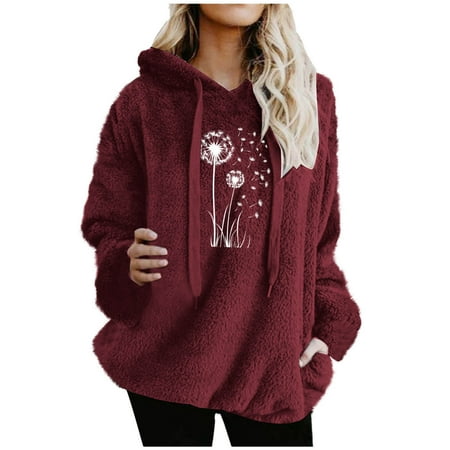 Oplxuo Women s Dandelion Print Fleece Sweatshirt Winter Casual Long Sleeve Drawstring Chunky Hoodies Comfy Fuzzy Top with Pockets