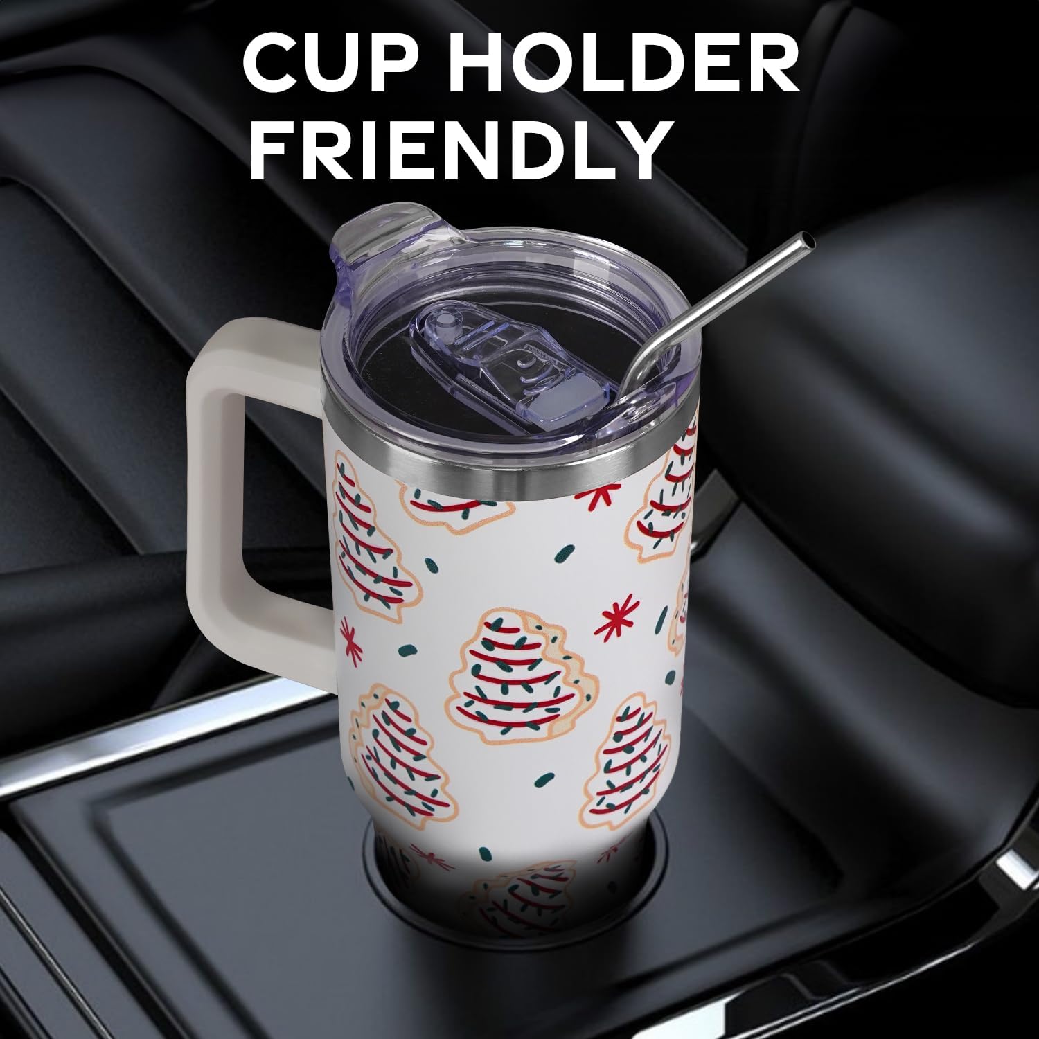 Christmas Cakes Tumbler with Handle and Straw Lid 40 oz,Cute Merry Xmas Tree Cake Gifts for Women Vacuum Insulated Leak Proof Tumbler,Winter Holiday Accessories Stainless Steel Coffee Cup Mug
