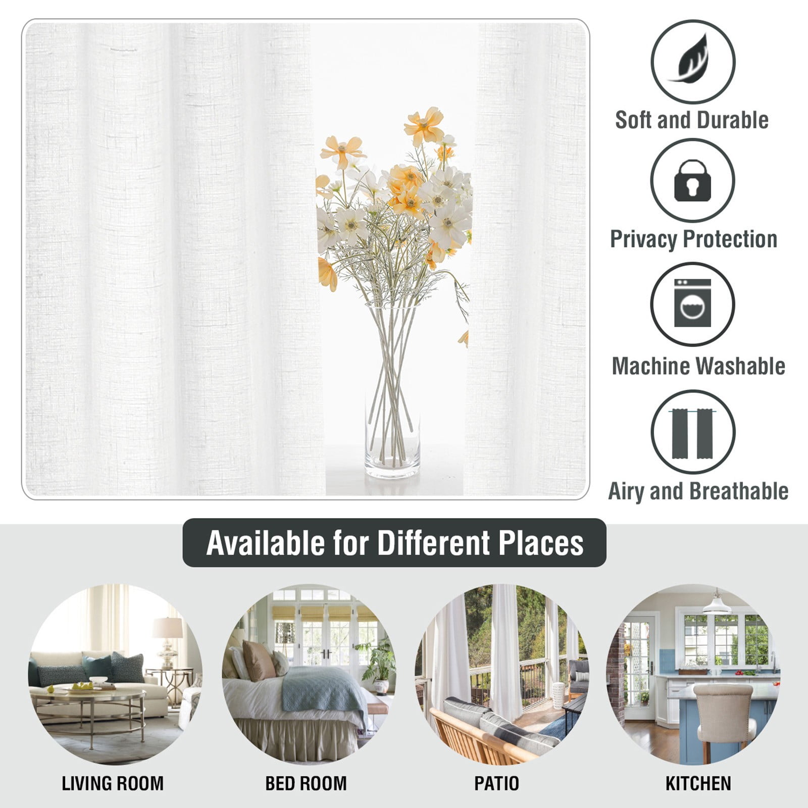 white Linen Textured Curtains 62 Inch Long 2 Panels for Living Room Grommet Top Light Filtering Window Drapes for Bedroom Heathered Gray