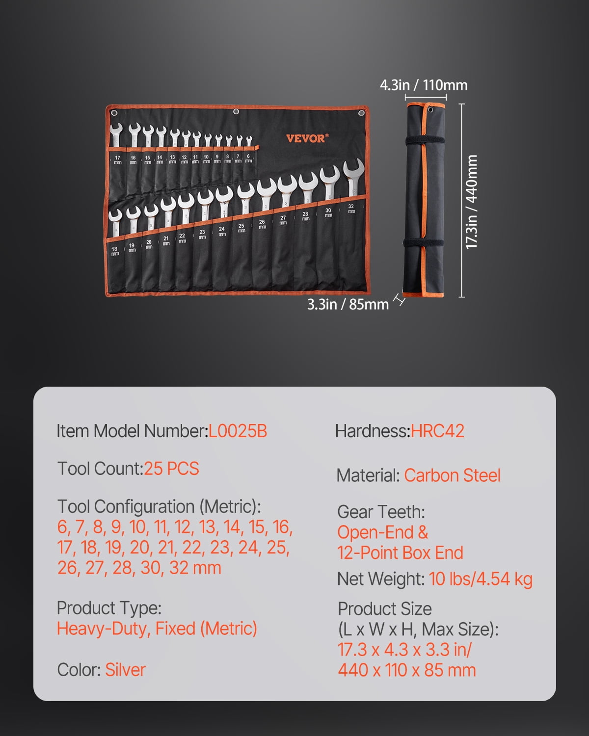 VEVOR Combination Wrench Set, 25-Piece Open End Wrench Set with Roll-up Pouch, Carbon Steel Wrench Set Metric 6 mm to 32 mm, Ideal for General Household, Garage, Workshop, Auto Repairs, Emergency