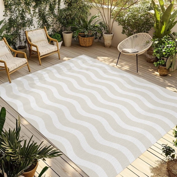 Cream Moire Outdoor Rug 5x8 Ft - Reversible Patio Rug Outdoor Camping Rugs, Water Ripple Stripe Farmhouse Washable Indoor Outdoor Area Rugs, Non-Slip Outdoor Carpet Runner for Deck/Porch