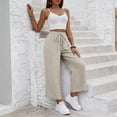 thumbnail image 6 of Women Linen Pants Summer Wide Leg Cropped Palazzo Pants Drawstring High Waisted Beach Lounge Trousers with Pockets,L, 6 of 6