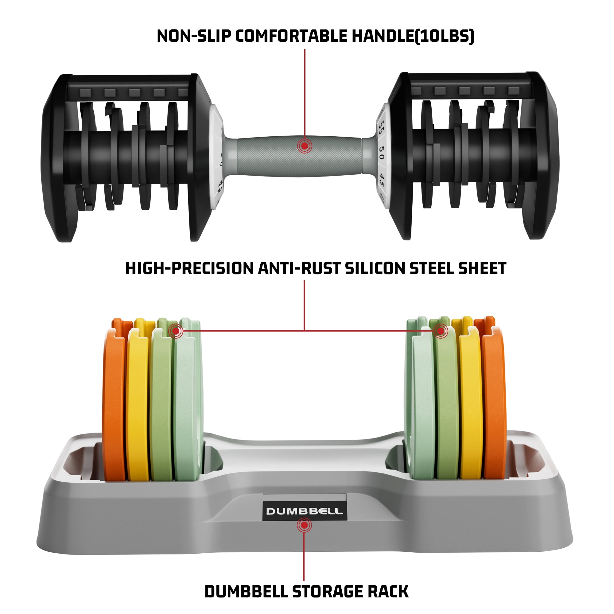 SKOK Adjustable Dumbbell Set 10-55 lbs Pair for Home Gym Fitness Colorful (2 BOX)