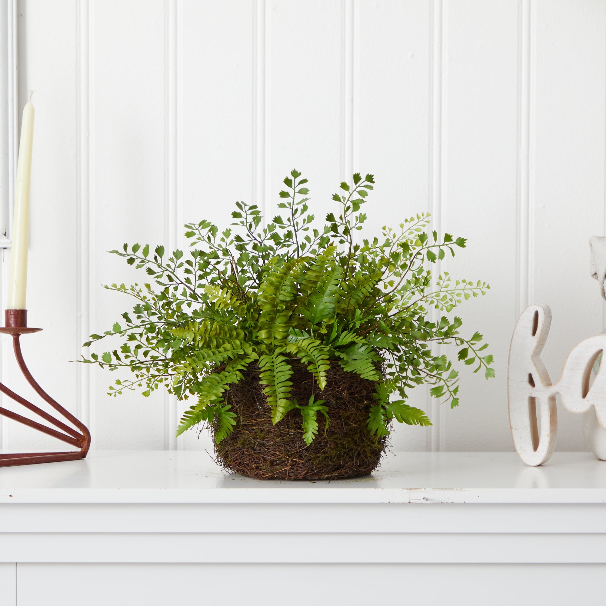 Nearly Natural 13" Mixed Fern Artificial Plant with Twig and Moss Basket, Green