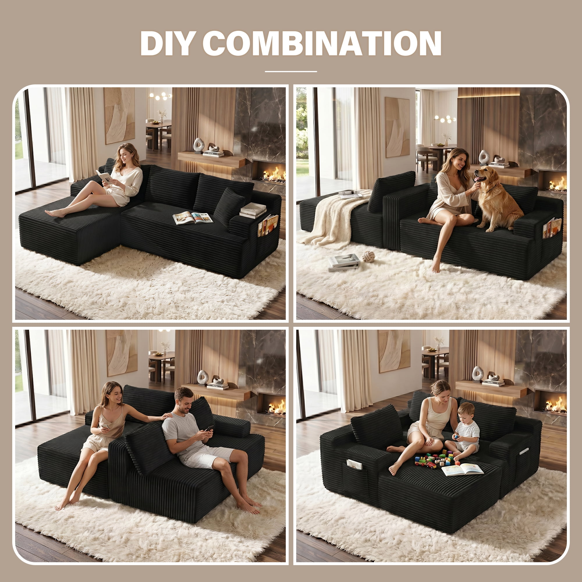 Aukfa 96" Cloud Sectional Couch, Modular L Shaped Boneless Sofa with Left Facing Chaise&2 Storage Pockets, Black