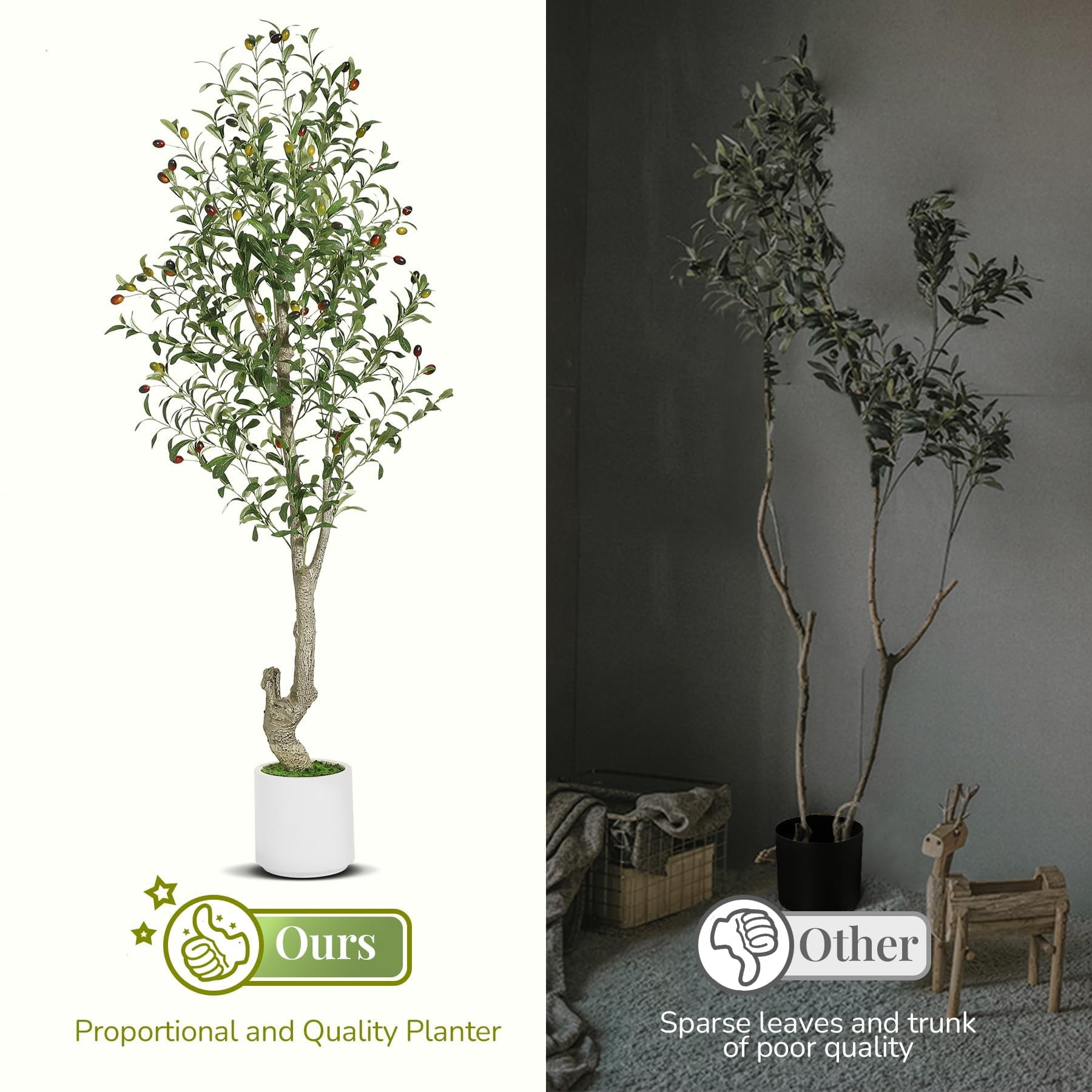 BouPower Artificial Olive Tree, Tall Faux Olive Tree with Natural Wood Trunk, Lifelike Fruits, White Planter and Green Fake Moss, UV Resistant Potted Plant for Home Office Living Room Foyer Decor