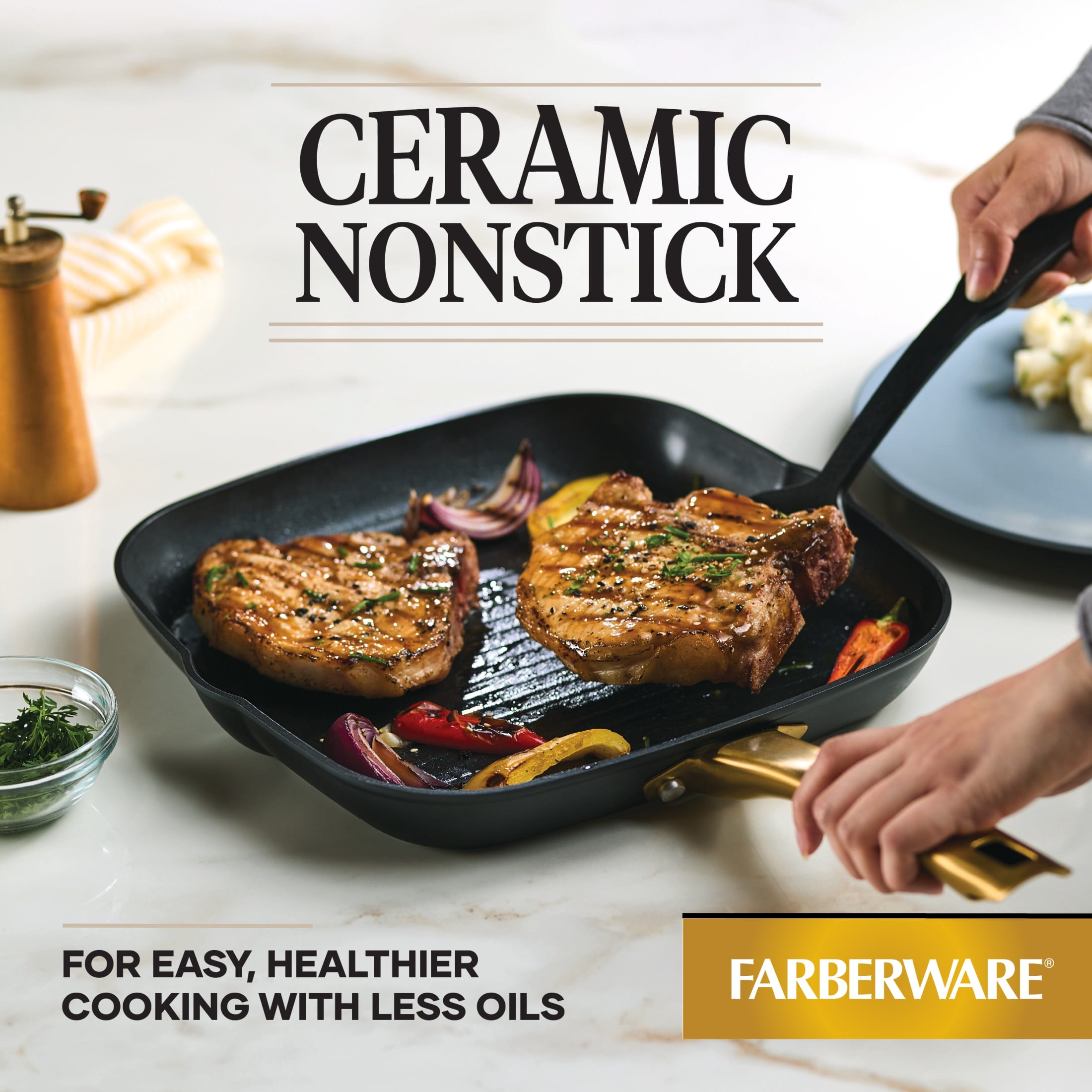 Farberware Forged Induction 11 Inch Ceramic Nonstick Square Grill Pan, Dishwasher Safe and Oven Safe to 500°F, Black