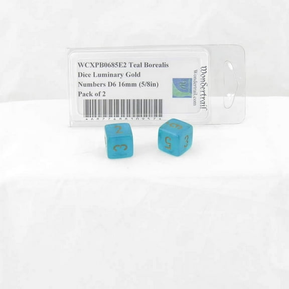 Teal Borealis Dice Luminary with Gold Numbers D6 Aprox 16mm (5/8in) Pack of 2 Wondertrail