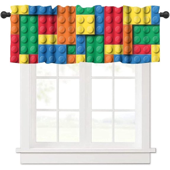 Building Blocks Valance Curtain Themed Digital Design Toy Dotted Matching Rectangles Print Rod Pocket Valance Window Treatments Short Curtains for Kitchen Living Room Decor 54x18inch