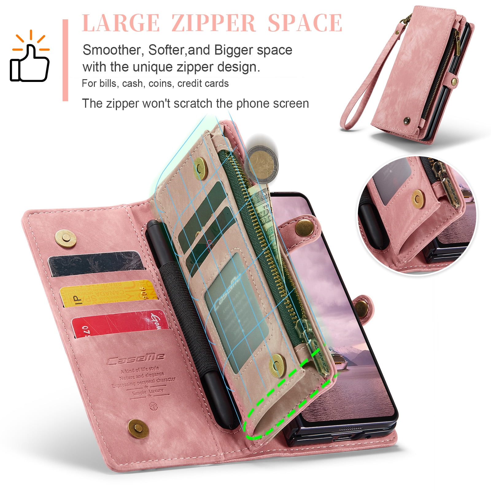 Feishell Durable 2- In-1 Magnetic Detachable Wallet Case for Samsung Galaxy Z Fold 7,for Women Men,Premium PU Leather Zipper Pocket Flip Multi Card Slots Purse Phone Case with Wrist Strap,Pink