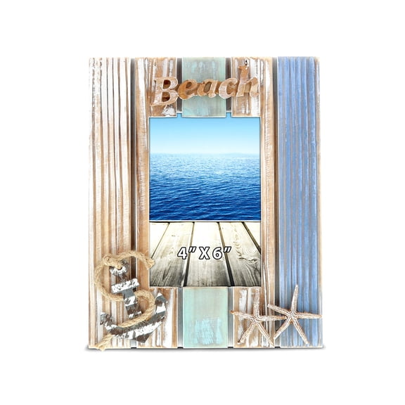CoTa Global Wooden Nautical Coastal Distressed "Beach" Theme Anchor Starfish Photo Frame Picture Holder Tabletop Decor Unique Handcrafted Home Accent Accessories 4x6 Inch