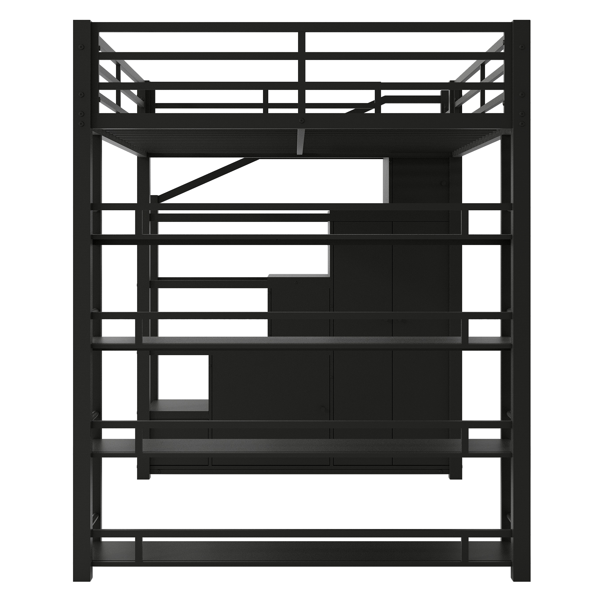 Euroco Full Size Metal Loft Bed with Storage Shelves and Cabinets, Open Wardrobe and Staircase, Black