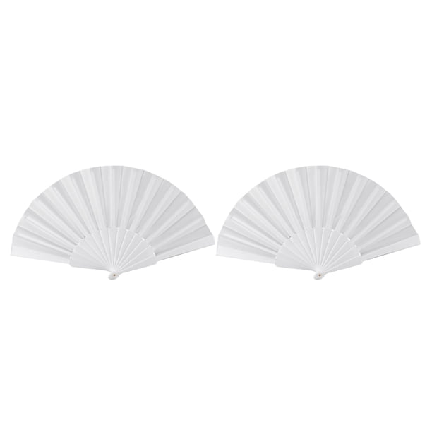 2X Ventilador de Mano Plegable de Plastico Y Tela para Senoras Y Hombres Blanco