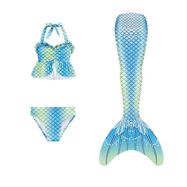 Toimothcn Maillot de Bain Fille Sans Manches Décontracté Imprimé Écailles de Poisson Colorées Ensemble Bikini 3 Pcs Séchage Rapide Couverture Maillot de Bain 8-9 Ans