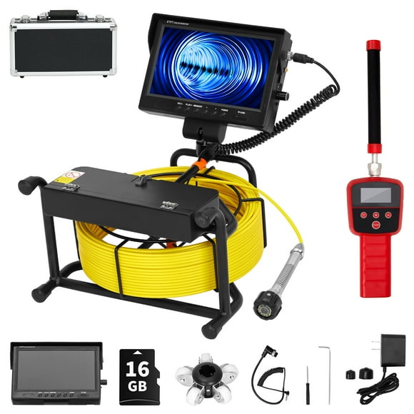 Caméra d'Inspection des Égouts – 9 Pouces 1080P – Objectif en Acier Inoxydable 23 mm et Localisateur 512Hz – Autonivellement – Étanchéité IP68 – 12 DEL – DVR 16 Go – Câble 50 m – Batterie 12 V – Drain, Conduit et Plomberie