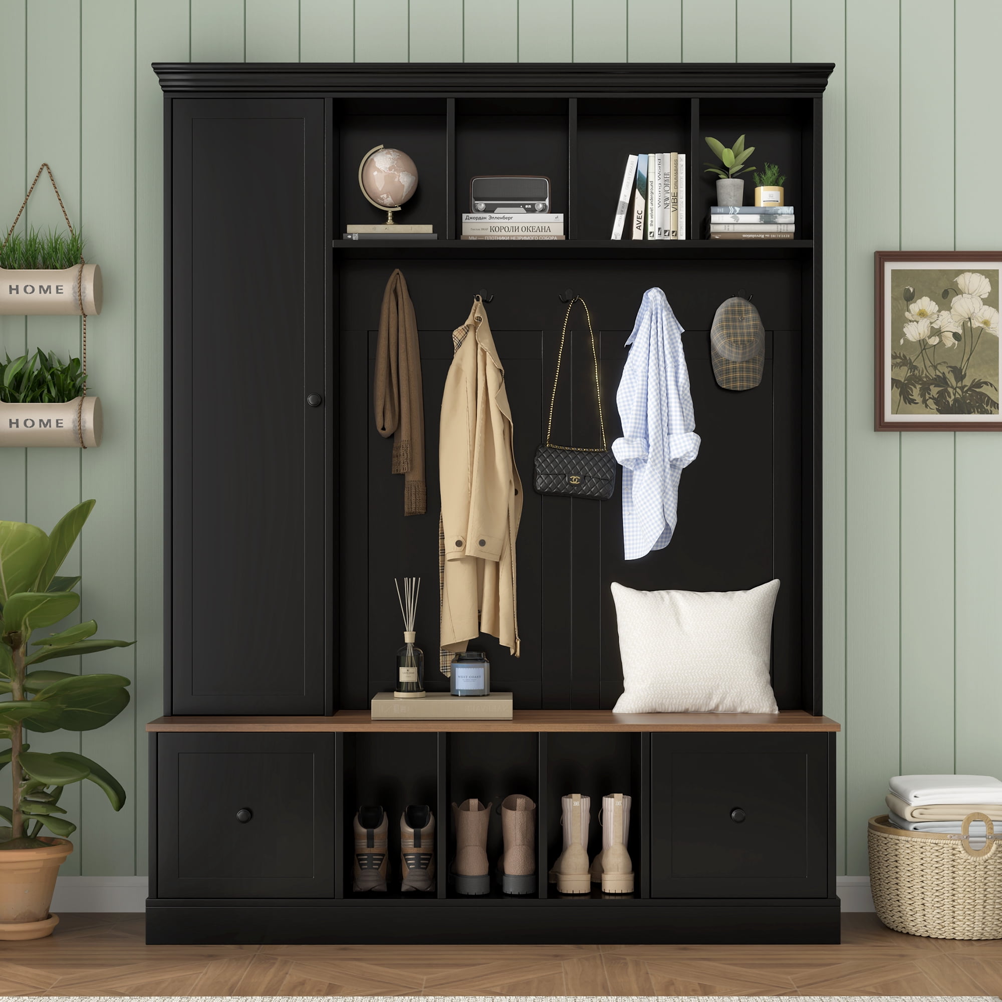Mintazer Farmhouse Hall Tree with Bench and Shoe Storage, Adjustable Shelf Cabinet with Coat Rack, Hooks & Drawers for Hallway, Entryway, Black