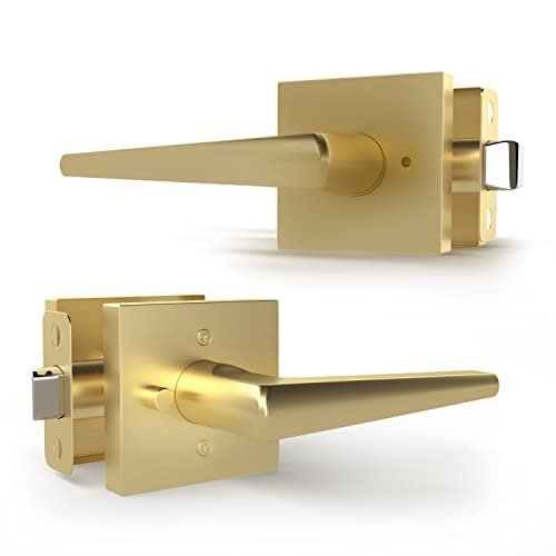 Poignée de Porte à Levier d'Intimité - Levier de Porte Profil Bas de Forme Carrée avec Verrou à Bouton-Poussoir pour Portes Intérieures et Extérieures - Poignées de Porte Réversibles pour Portes pour Gauchers Ou Droitiers - Fini Laiton Satiné