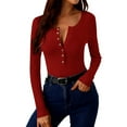 thumbnail image 4 of Lenpel Long Sleeve Shirts for Women Trendy Scoop Neck Half Button Ribbed Knit Slim T-Shirts Basic Casual Tees Going out Tops(Red,Large), 4 of 7