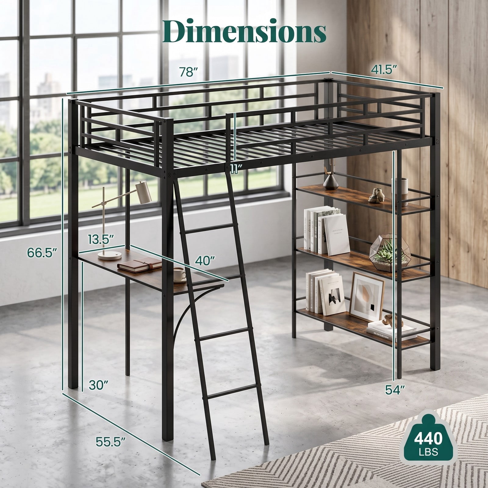 Furnibear Twin Size Loft Bed with Desk and 3-Tier Shelves for Kids and Home, Space-Saving Metal Loft Bed Frame with Ladder and Guardrails, Black