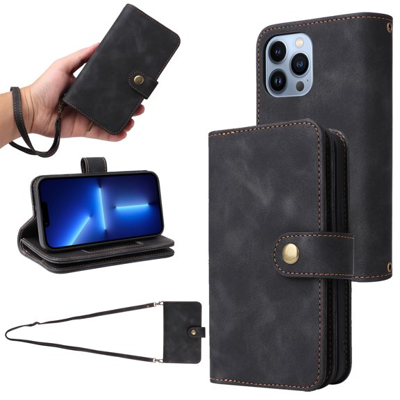 for iPhone 13 Pro Wallet Case, [Card Slots] PU Leather ID Credit Holder Folio Flip Kickstand Magnetic Clasp Phone Cover & Lanyard & Shoulder Strap for iPhone 13 Pro, Black