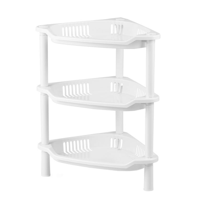 3 Layer Plastic Small Storage Shelves Plastic Basket Corner Shelf Organizer  Desk Stand Rack Bathroom Shelves for Home Household Kitchen(White) 