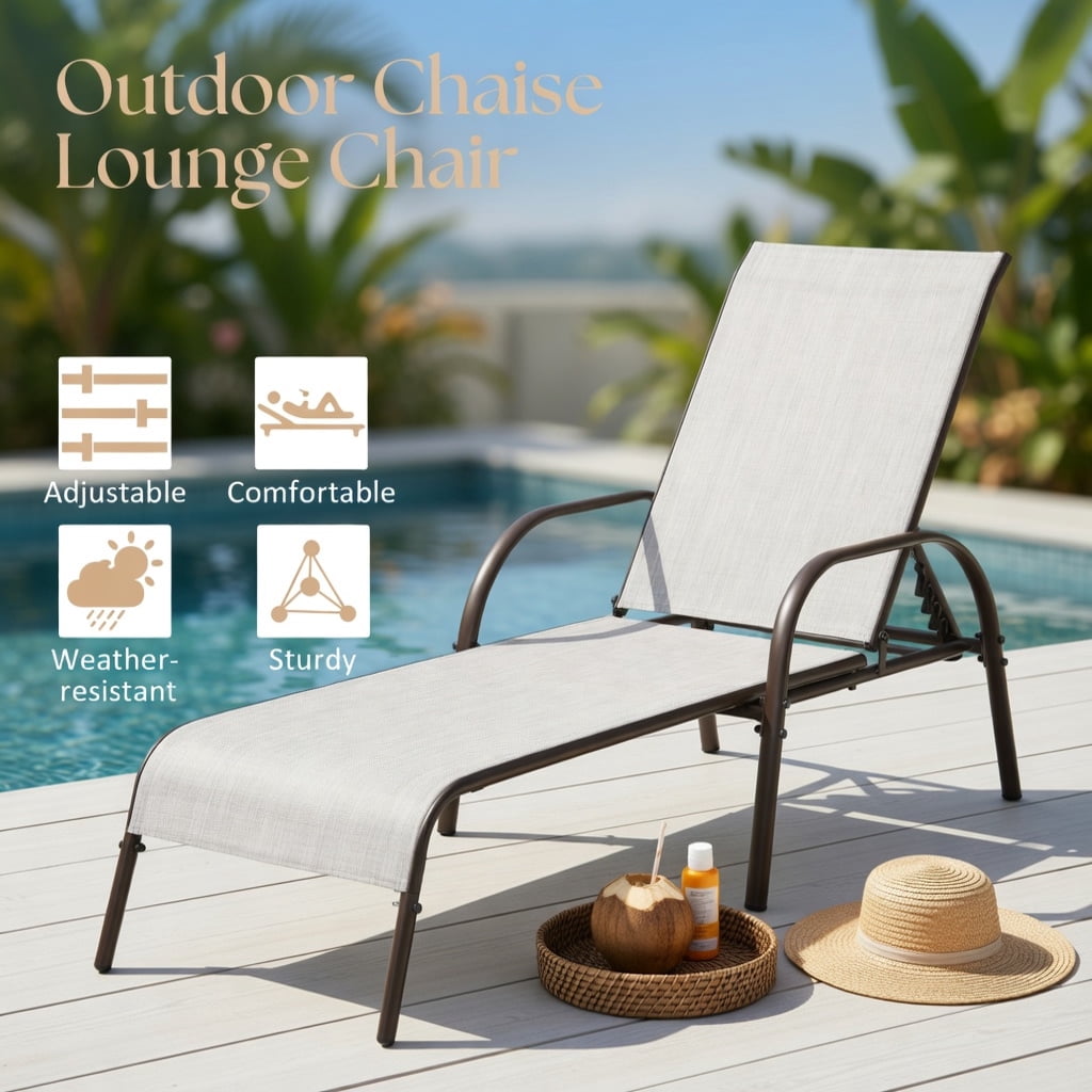 Hommoo Adjustable Folding Patio Chaise Lounge Chair, 5-Position Reclining Backrest, Weather-Resistant Fabric & Powder-Coated Steel Frame, Gray
