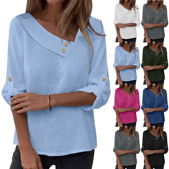 Bixock Women's Casual Half Sleeve Blouse,V-Neck Soild Color Tops,Summer Ruffled Casual Solid Color Linen Soft T-shirts