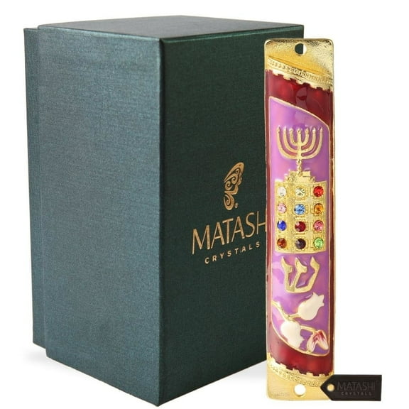 Matashi Hand-Painted Enamel Mezuzah with Menorah & Priestly Design – Gold Accents & Matashi Crystals – Decorative Jewish Door Blessing Ornament