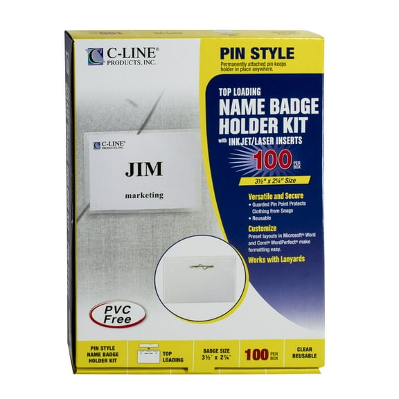 Times up Pin Name Badge Kit with Laser Inkjet Printable Insert, 3.5" x 2.25", Vinyl, Clear, Pack of 100